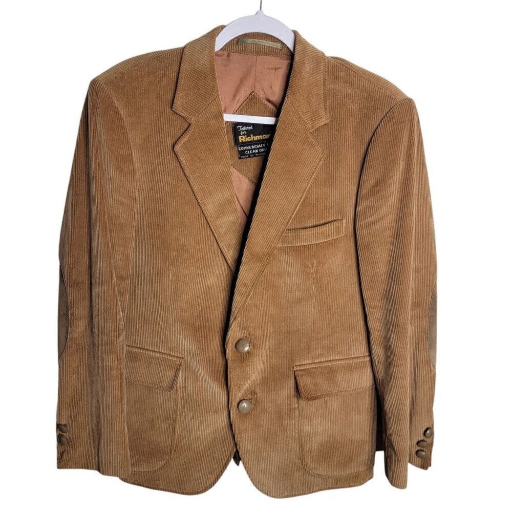 Vintage Richman Sport Coat Mens 40R Camel Tan Corduroy Western Elbow Patch